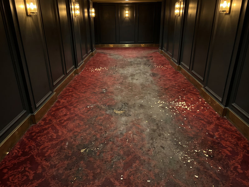 A theater lobby's red damask carpet with a gray walked-in traffic lane, ground-in dirt and dropped food debris down the middle, before cleaning