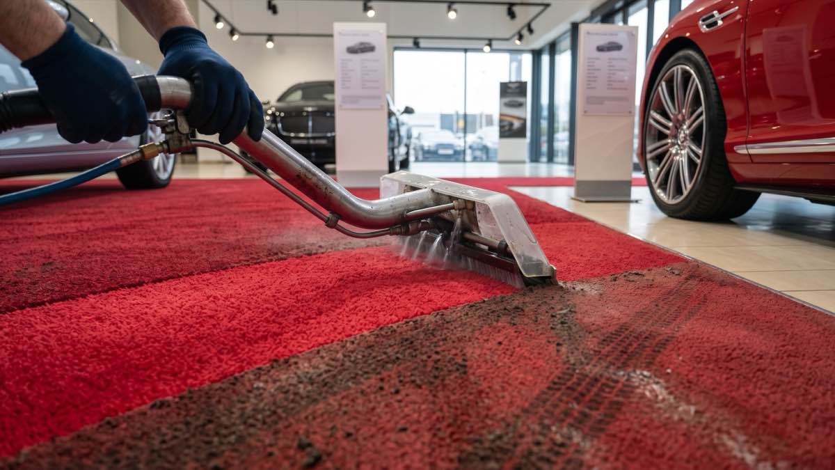 A carpet extraction wand pulling a clean red stripe through heavily soiled commercial carpet in a car showroom