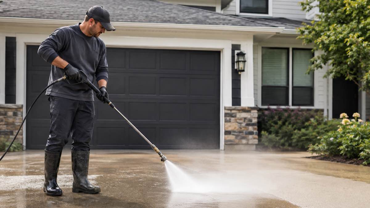 A technician pressure washing a residential concrete driveway, with a visibly cleaned stripe spreading out from the spray