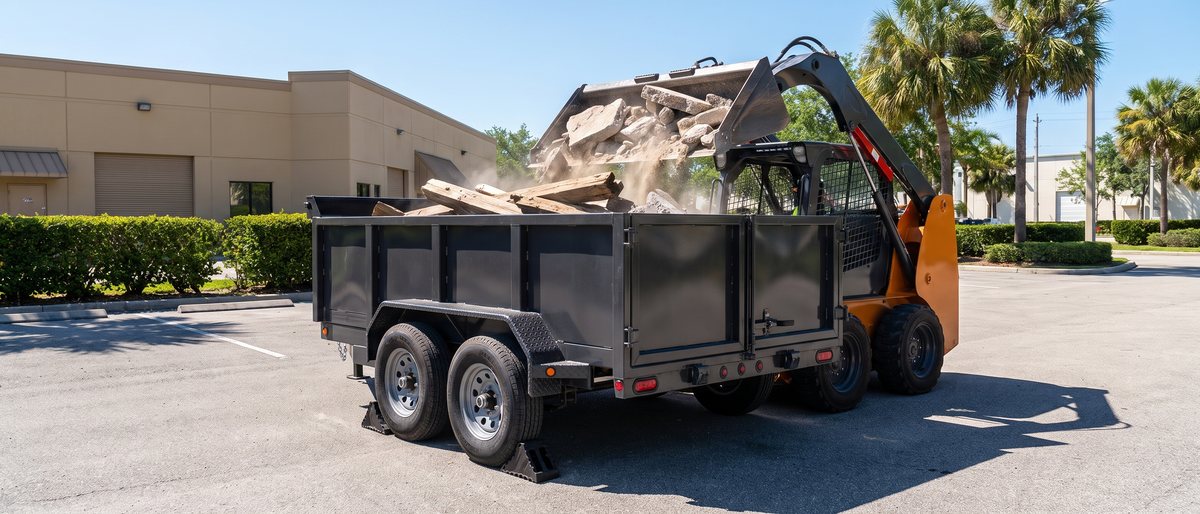The dump trailer parked on a commercial lot with a skid steer loader tipping a bucket of broken concrete and timber into it