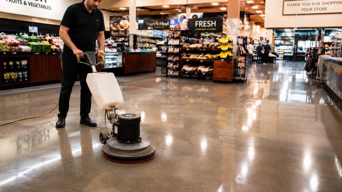 A technician running a floor buffer across a commercial retail floor, with the polished surface reflecting the lights overhead
