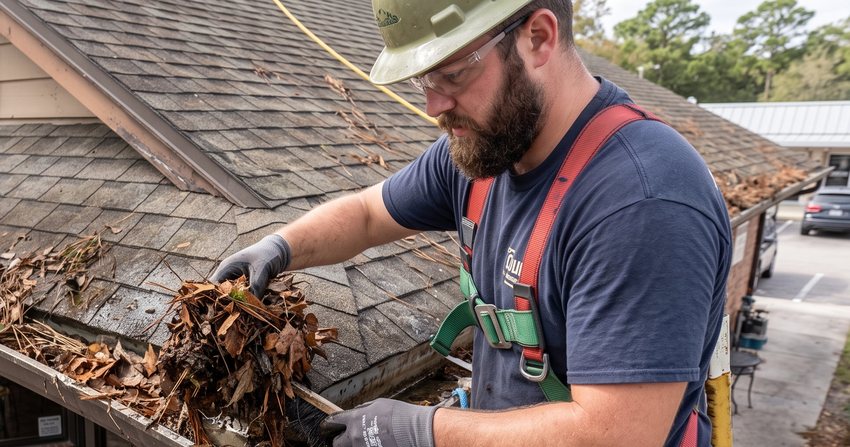 A technician lifting a handful of wet leaves and pine needles out of a blocked gutter