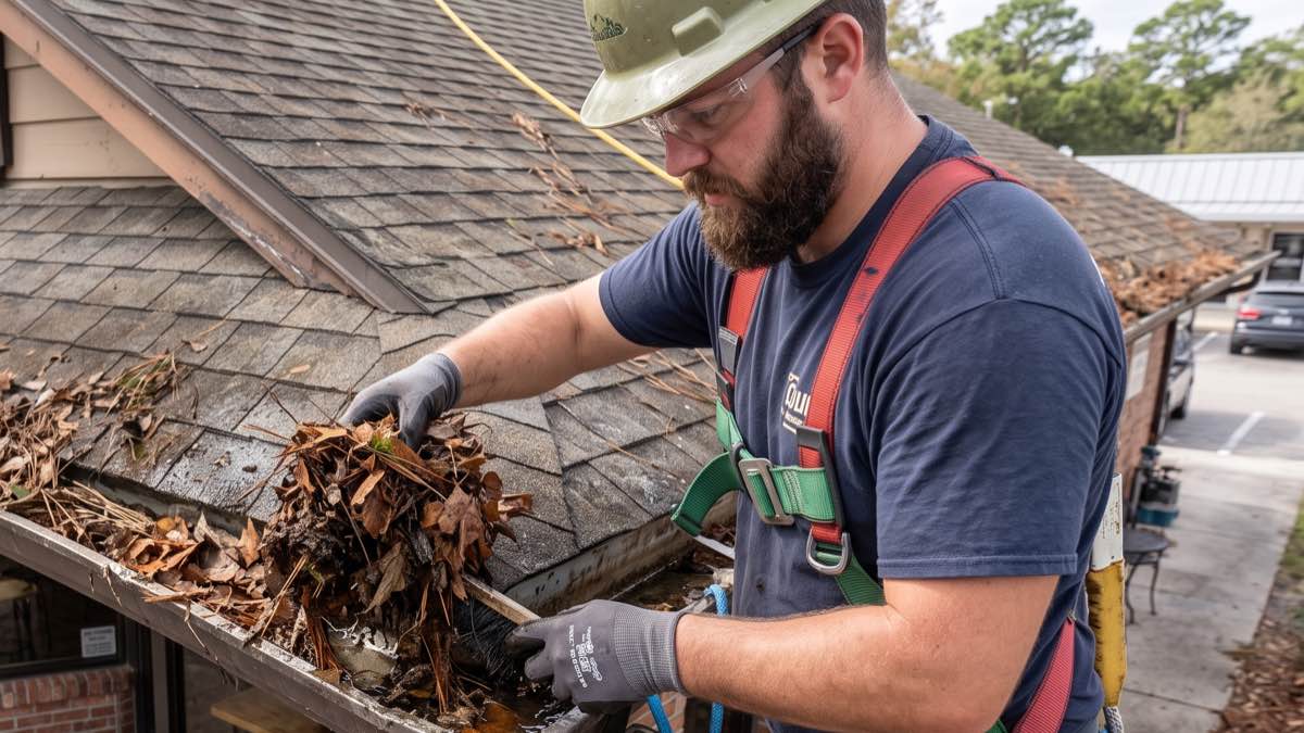 A technician lifting a handful of wet leaves and pine needles out of a blocked gutter run