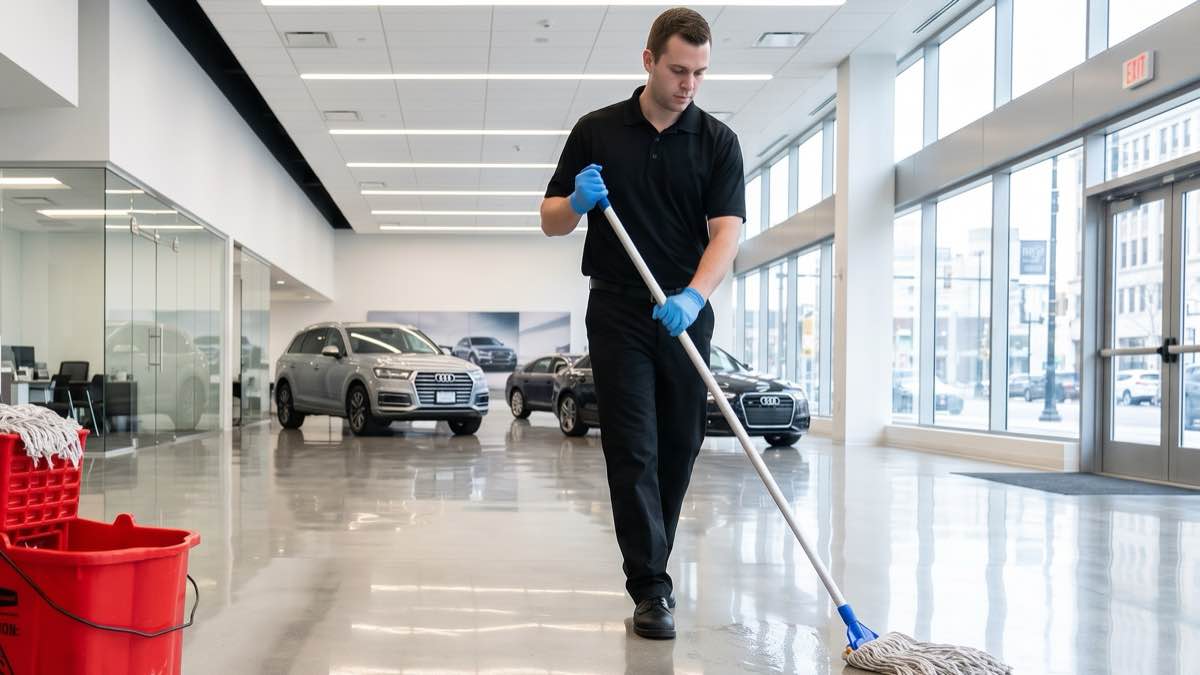 A janitorial technician mopping the polished floor of a commercial showroom, with a mop bucket alongside
