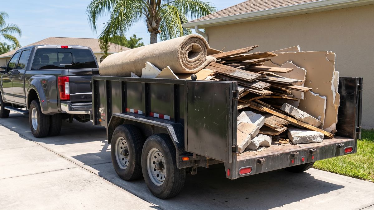 A dump trailer loaded with torn-out decking, drywall and rolled carpet, hitched to a pickup on a Florida driveway