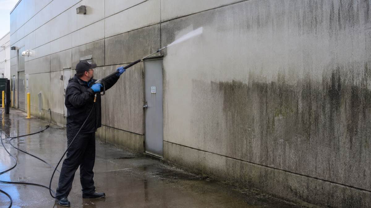 A technician power washing a stained commercial concrete wall, a bright cleaned band spreading across the grimy surface