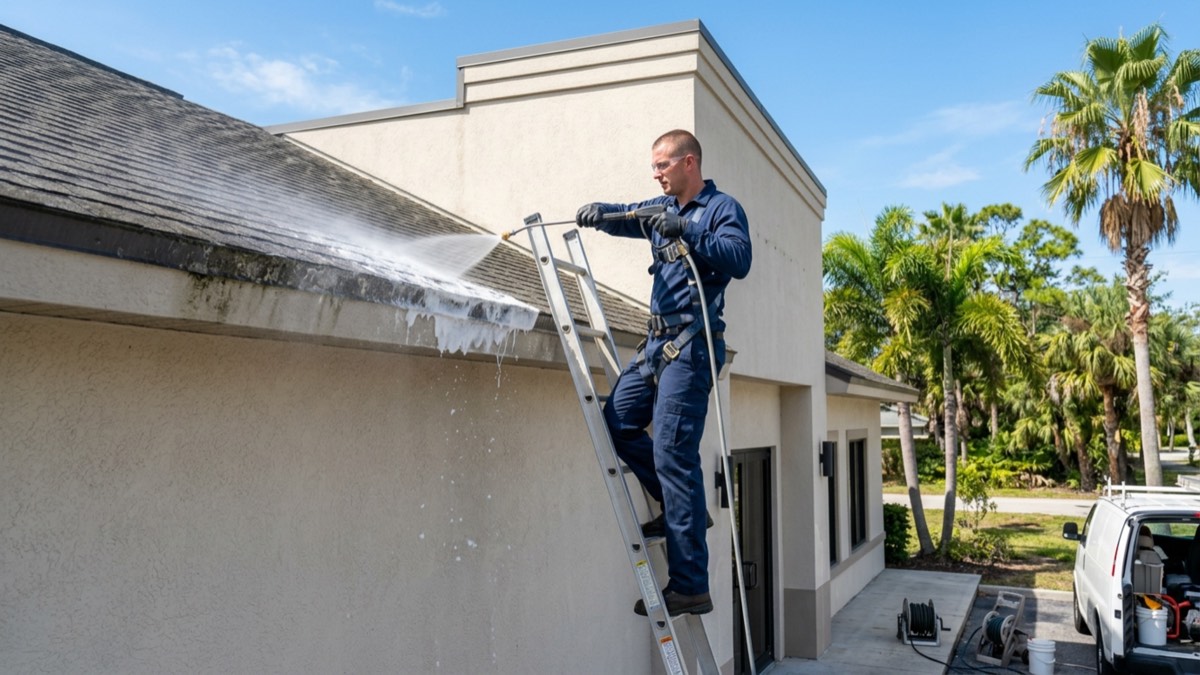 A technician on a ladder washing a commercial building's roofline, foam and rinse water running down the shingles and fascia