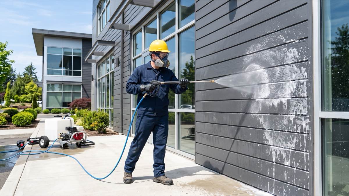 A technician in plain navy coveralls applying a low-pressure soft wash to the dark siding of a modern commercial building, foam visible across the panels