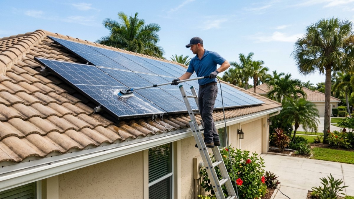 A technician on a ladder using a long-handled brush to wash a rooftop solar array on a Florida home's tile roof, soapy water streaming down the panels and tiles